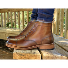 mens leather brown boots handmade from Spain with denim jeans